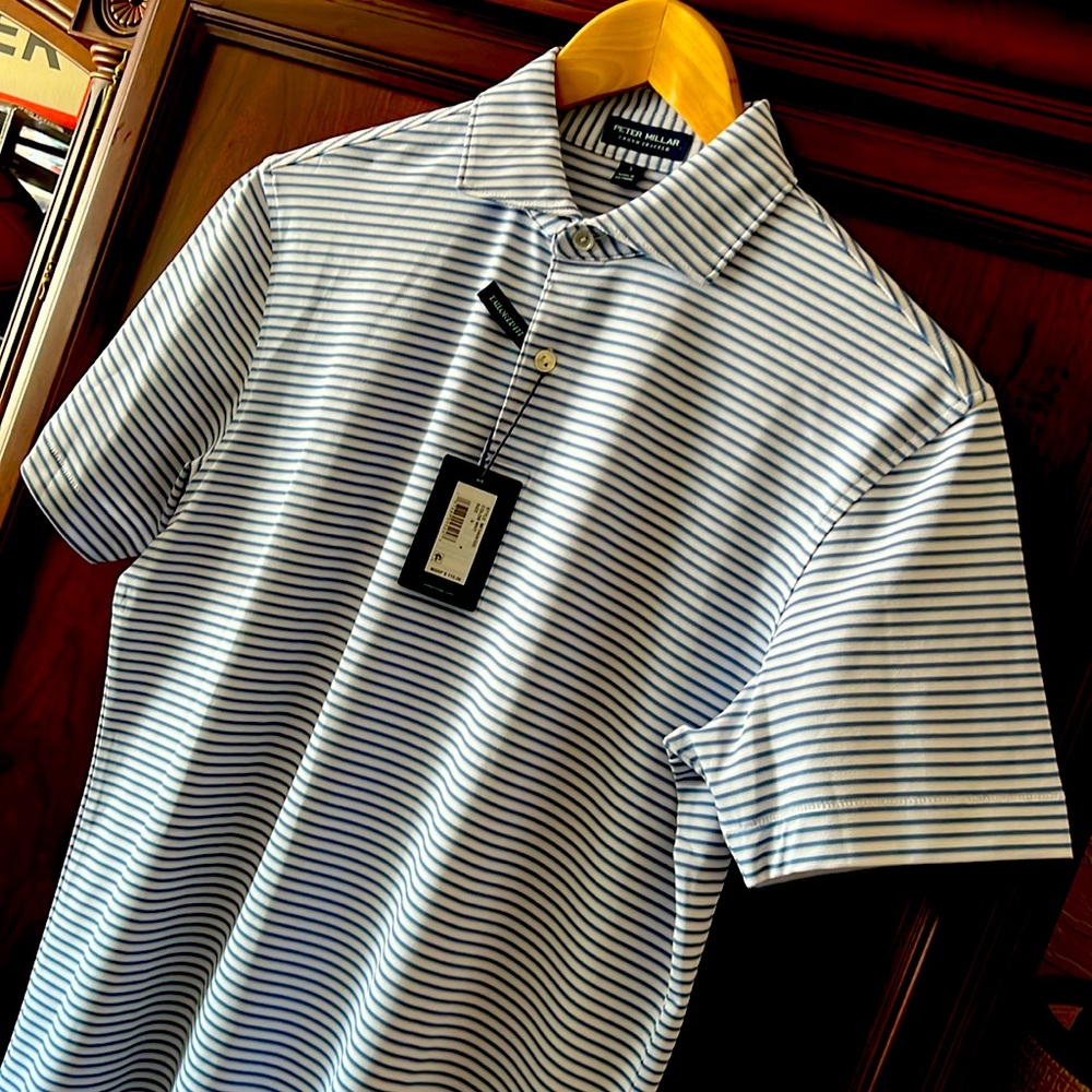 Brand New Peter Millar Crown Crafted Blue & White Striped Stretch Golf ⛳ Polo! - Picture 2 of 14